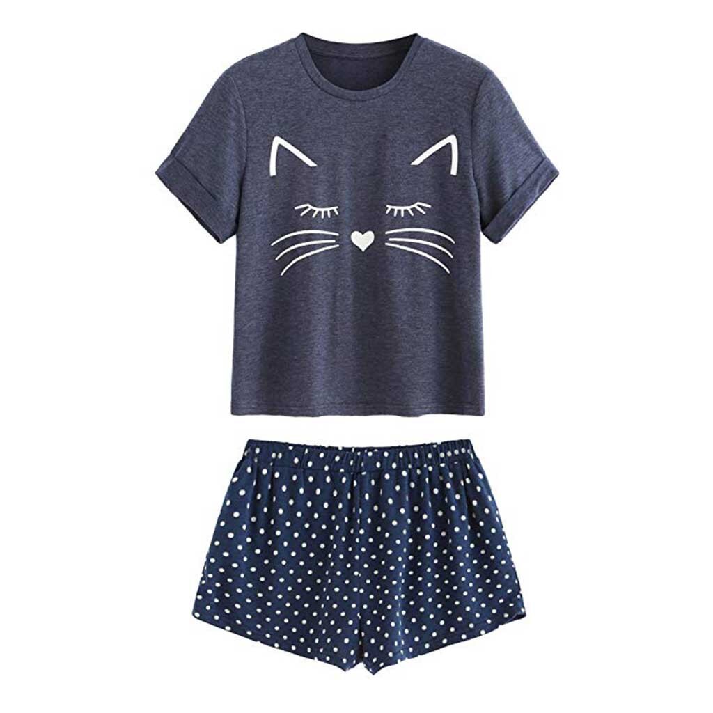 Women's Casual Cat Shorts Short Sleeve Ruffled T-Shirt Sleepwear Nightwear Set Sleepwear Trim Satin Top Sets nightdress New 3.21 - Michelie